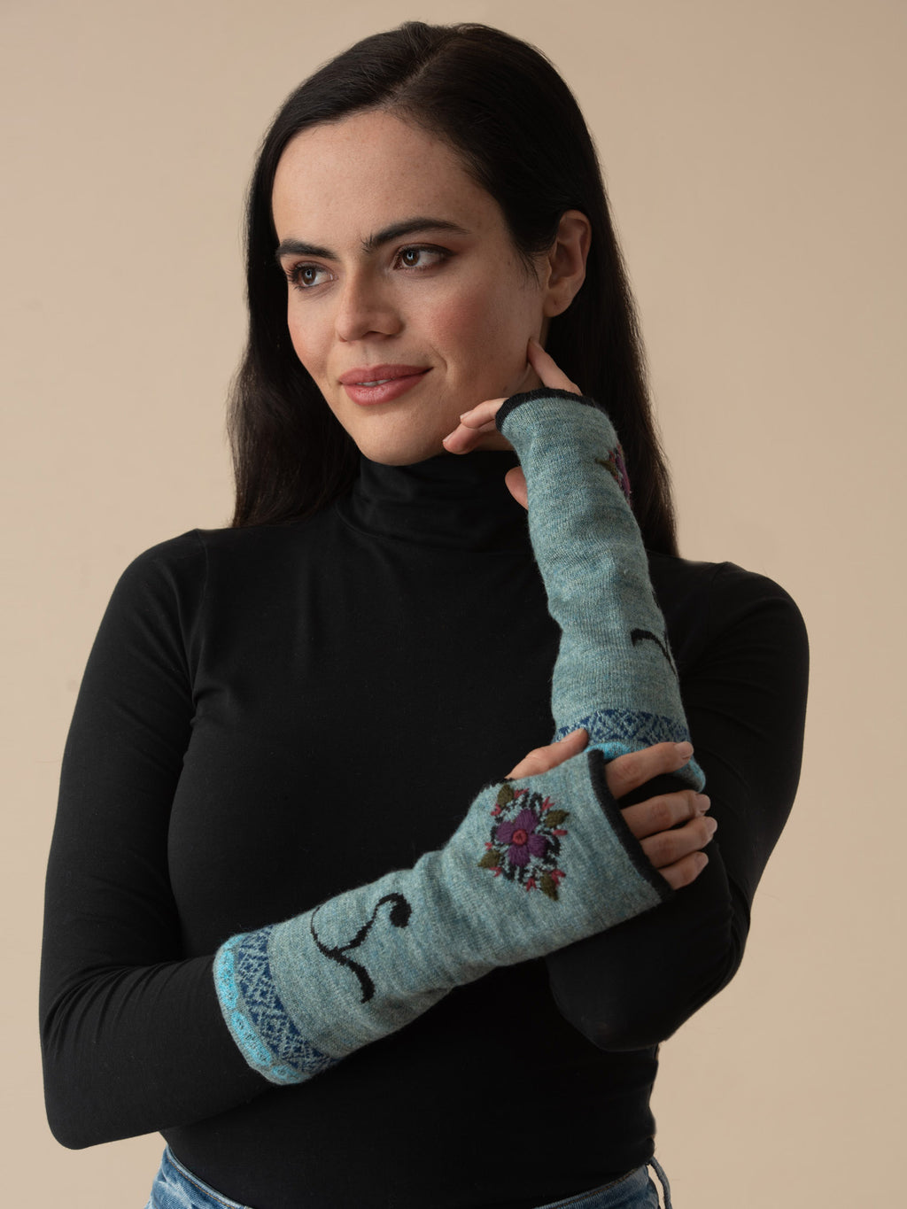 Eva Alpaca Wrist Warmers | Hand Embroidery | Fingerless Gloves