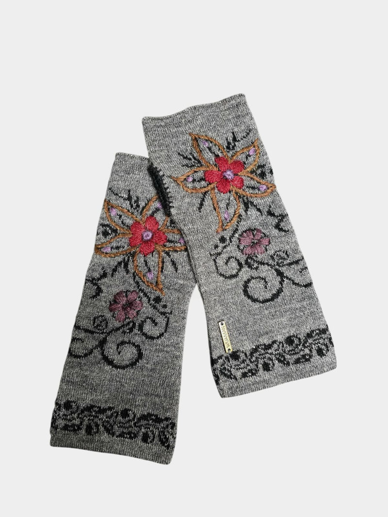 Embroidered Alpaca wrist warmers , knitted fingerless gloves  display picture 1